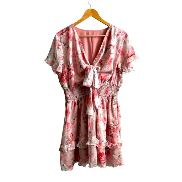 Bow-Tie Front Layered Pink Floral Layered Frill Dress Size Large NWOT 5 0446 - Picture 8 of 11